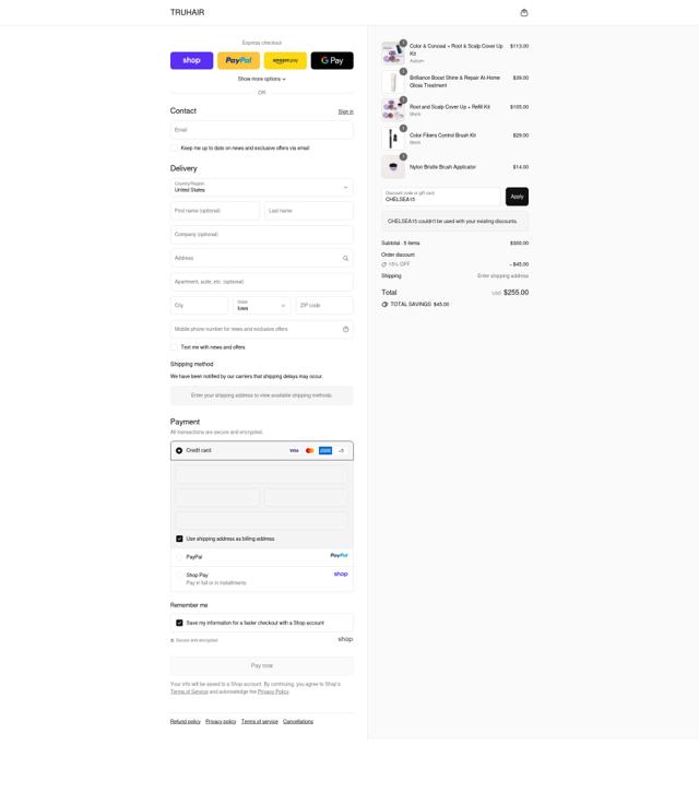 Truhair checkout page showing Truhair discount code box | Screenshot taken by SimplyCodes community member on Sep 11, 2025