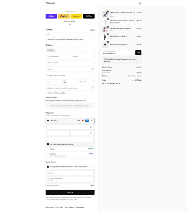 Truhair checkout page showing Truhair discount code box | Screenshot taken by SimplyCodes community member on Sep 11, 2025