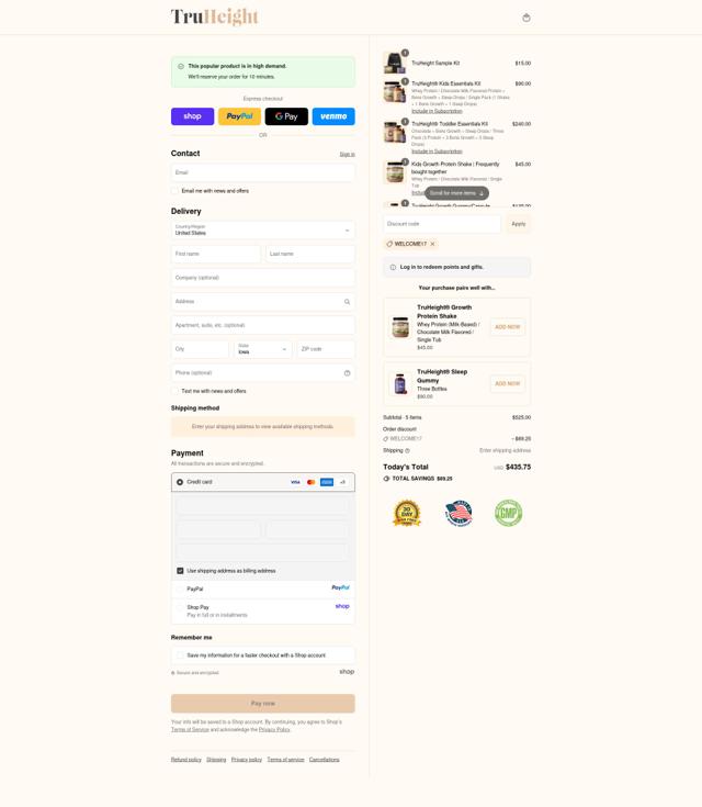 TruHeight checkout page showing TruHeight discount code box | Screenshot taken by SimplyCodes community member on Sep 10, 2025