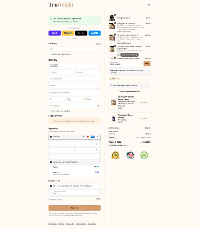 TruHeight checkout page showing TruHeight discount code box | Screenshot taken by SimplyCodes community member on Sep 10, 2025