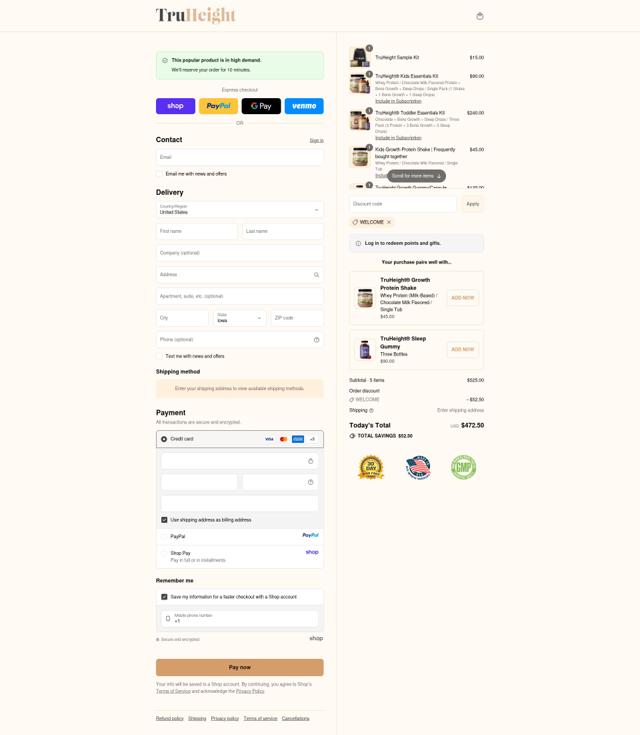 TruHeight checkout page showing TruHeight discount code box | Screenshot taken by SimplyCodes community member on Sep 10, 2025
