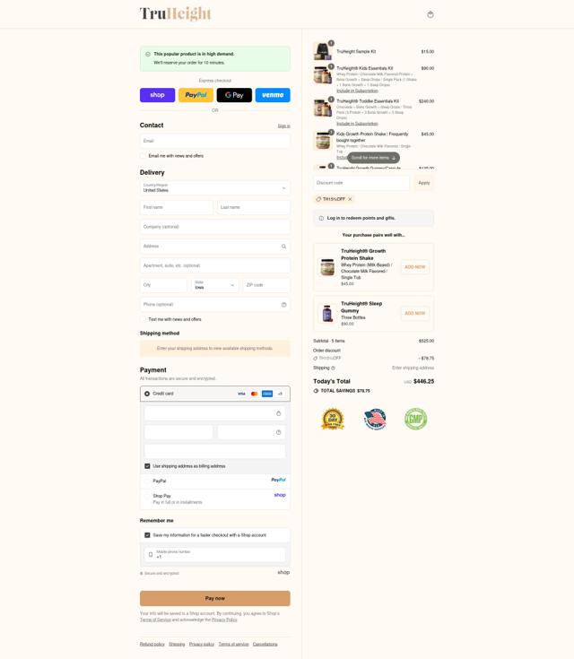 TruHeight checkout page showing TruHeight discount code box | Screenshot taken by SimplyCodes community member on Sep 10, 2025