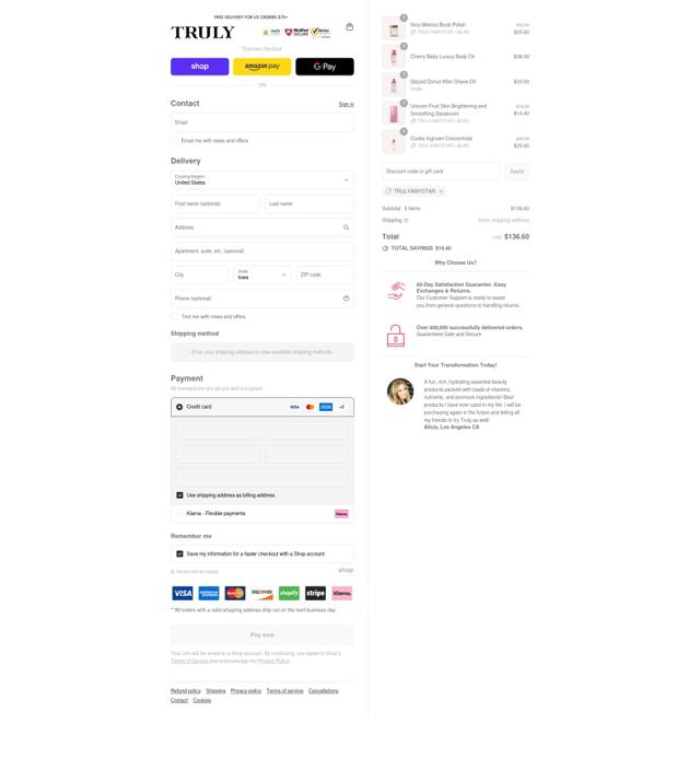 Truly Beauty checkout page showing Truly Beauty discount code box | Screenshot taken by SimplyCodes community member on Sep 14, 2025