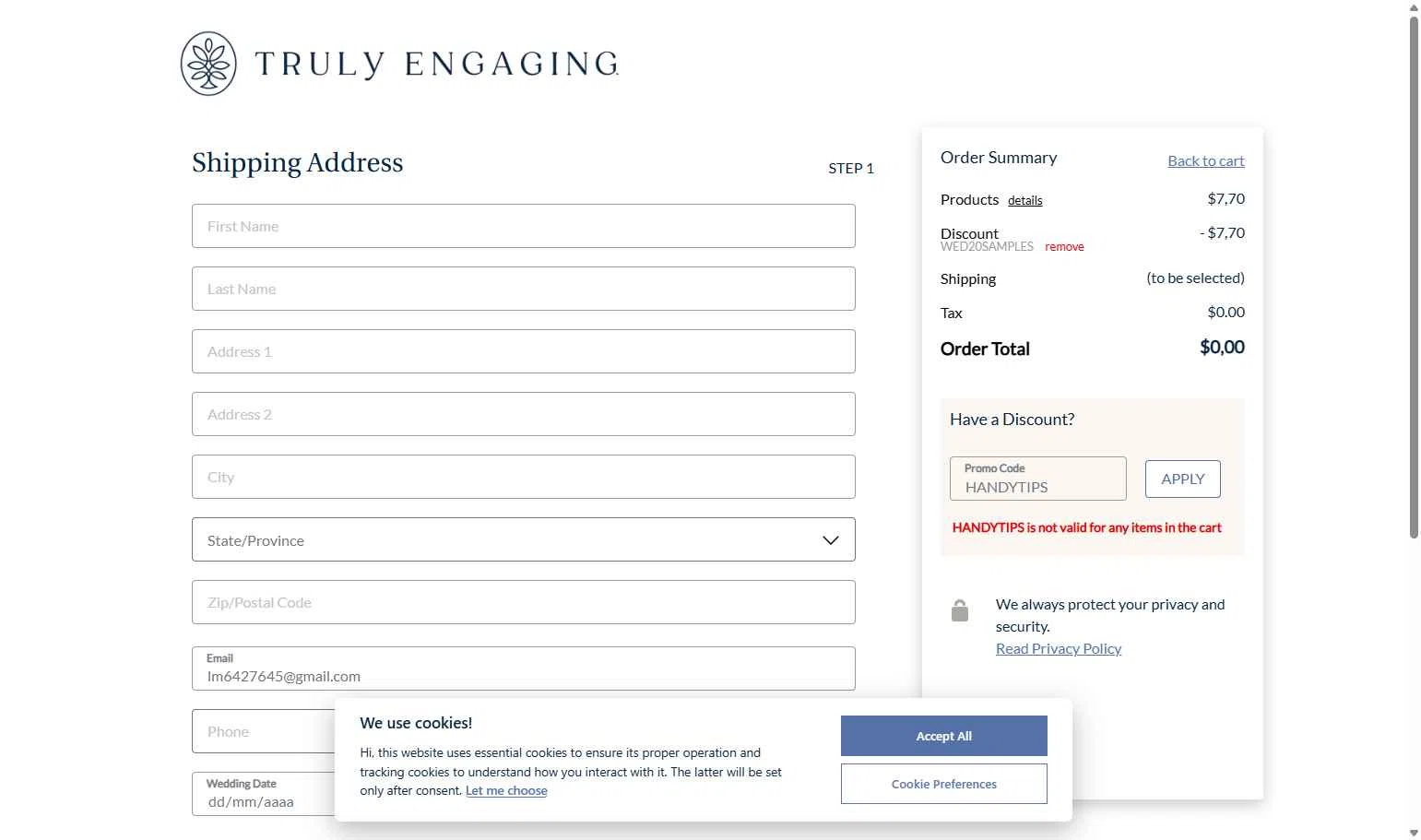 Truly Engaging checkout page showing Truly Engaging promo code box | Screenshot taken by SimplyCodes community member on Jan 13, 2026