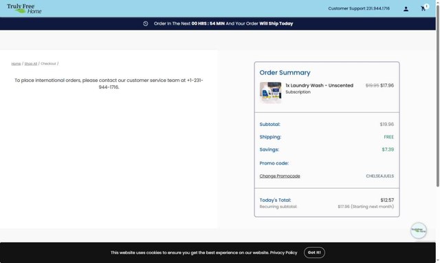Truly Free checkout page showing Truly Free promo code box | Screenshot taken by SimplyCodes community member on Aug 14, 2025