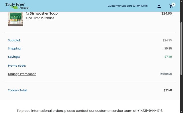 Truly Free checkout page showing Truly Free promo code box | Screenshot taken by SimplyCodes community member on Aug 14, 2025