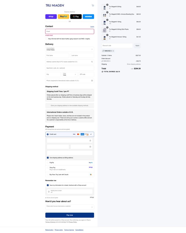 Tru Niagen checkout page showing Tru Niagen promo code box | Screenshot taken by SimplyCodes community member on Sep 1, 2025