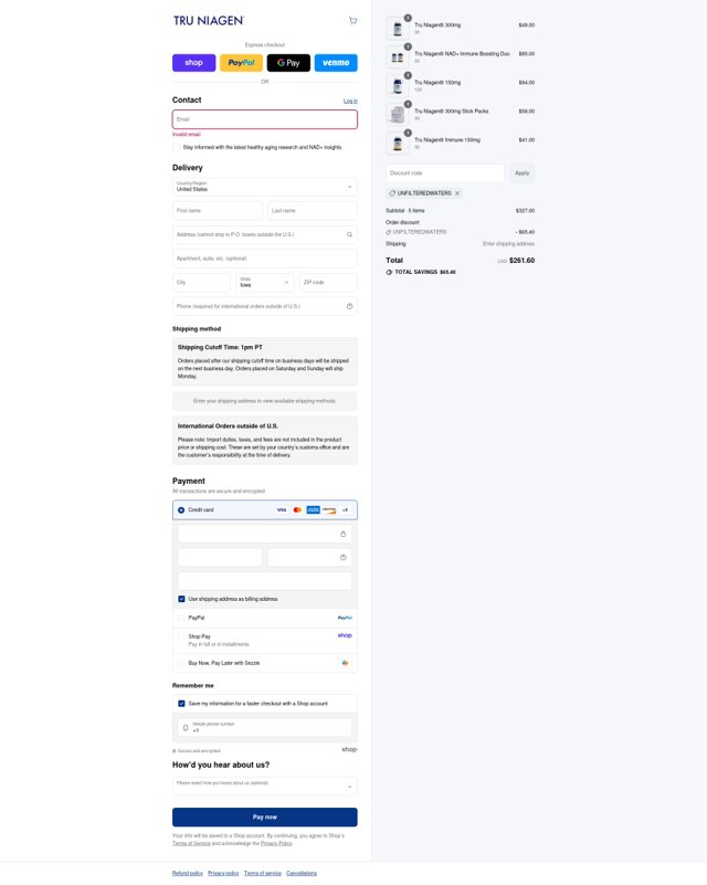 Tru Niagen checkout page showing Tru Niagen promo code box | Screenshot taken by SimplyCodes community member on Sep 1, 2025