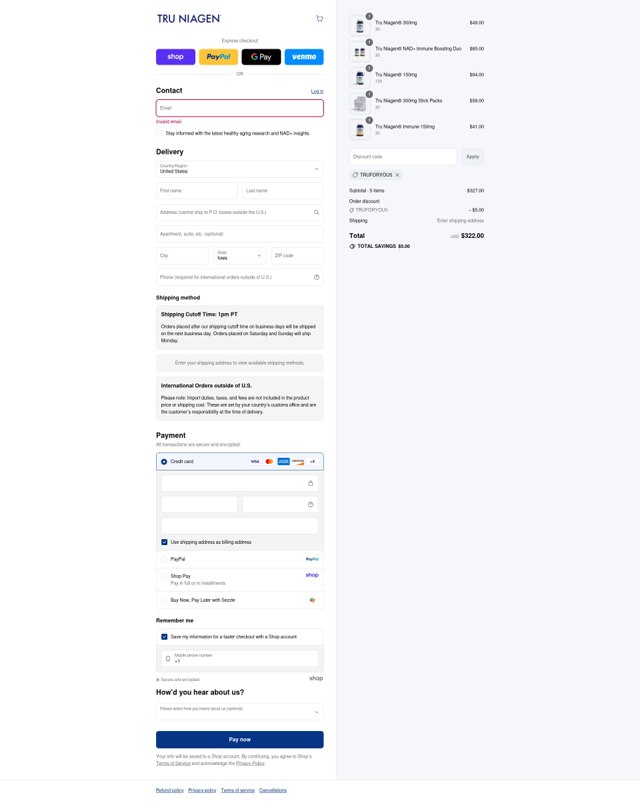 Tru Niagen checkout page showing Tru Niagen promo code box | Screenshot taken by SimplyCodes community member on Sep 1, 2025