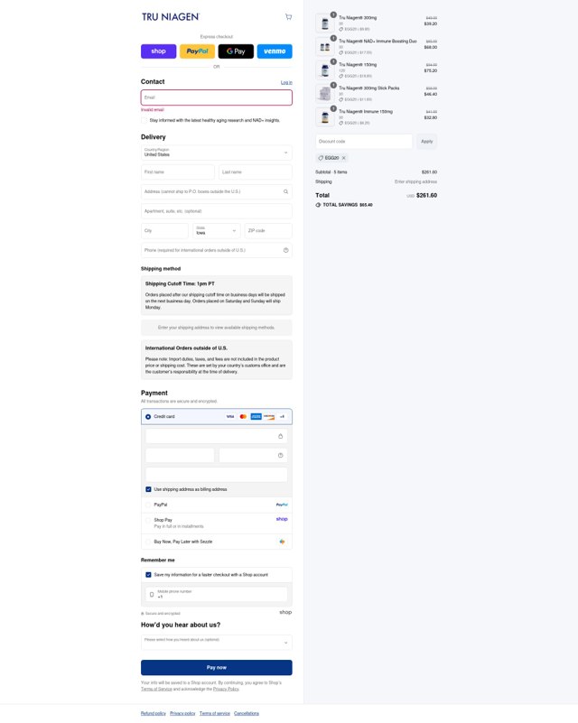 Tru Niagen checkout page showing Tru Niagen promo code box | Screenshot taken by SimplyCodes community member on Sep 1, 2025