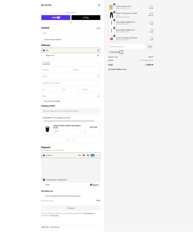 Trunk Clothiers checkout page showing Trunk Clothiers discount code box | Screenshot taken by SimplyCodes community member on Jan 12, 2025