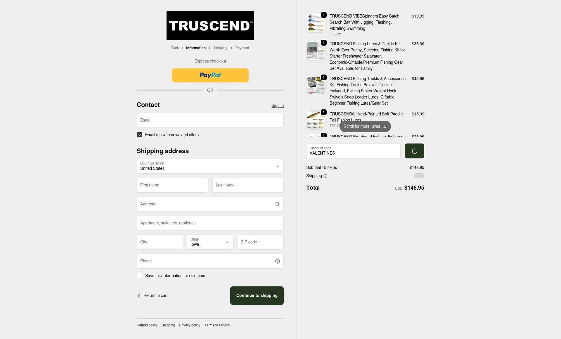 Truscend Fishing checkout page showing Truscend Fishing promo code box | Screenshot taken by SimplyCodes community member on Feb 18, 2026