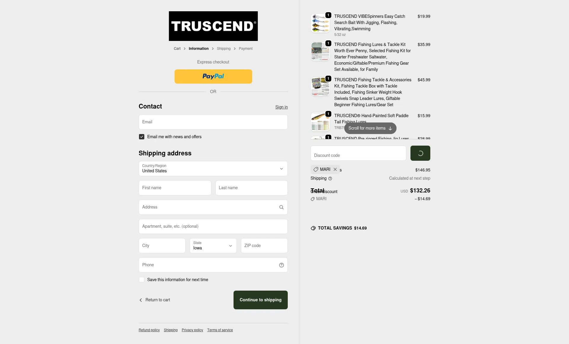 Truscend Fishing checkout page showing Truscend Fishing promo code box | Screenshot taken by SimplyCodes community member on Feb 18, 2026