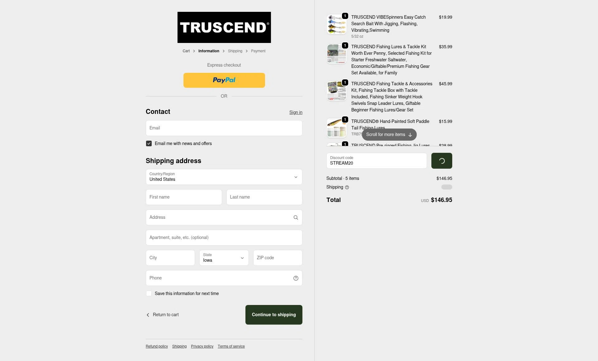Truscend Fishing checkout page showing Truscend Fishing promo code box | Screenshot taken by SimplyCodes community member on Feb 18, 2026