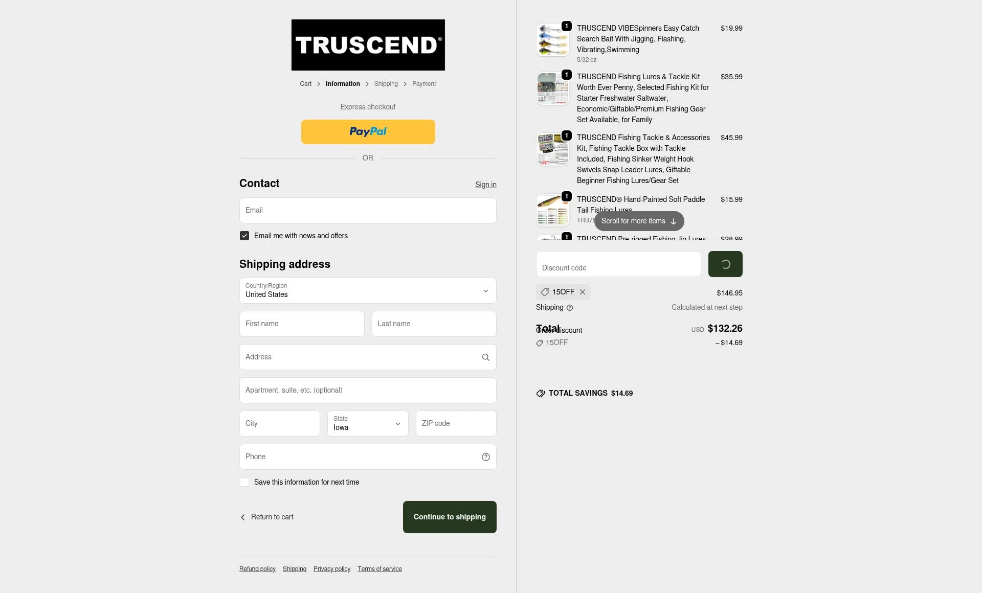 Truscend Fishing checkout page showing Truscend Fishing promo code box | Screenshot taken by SimplyCodes community member on Feb 18, 2026