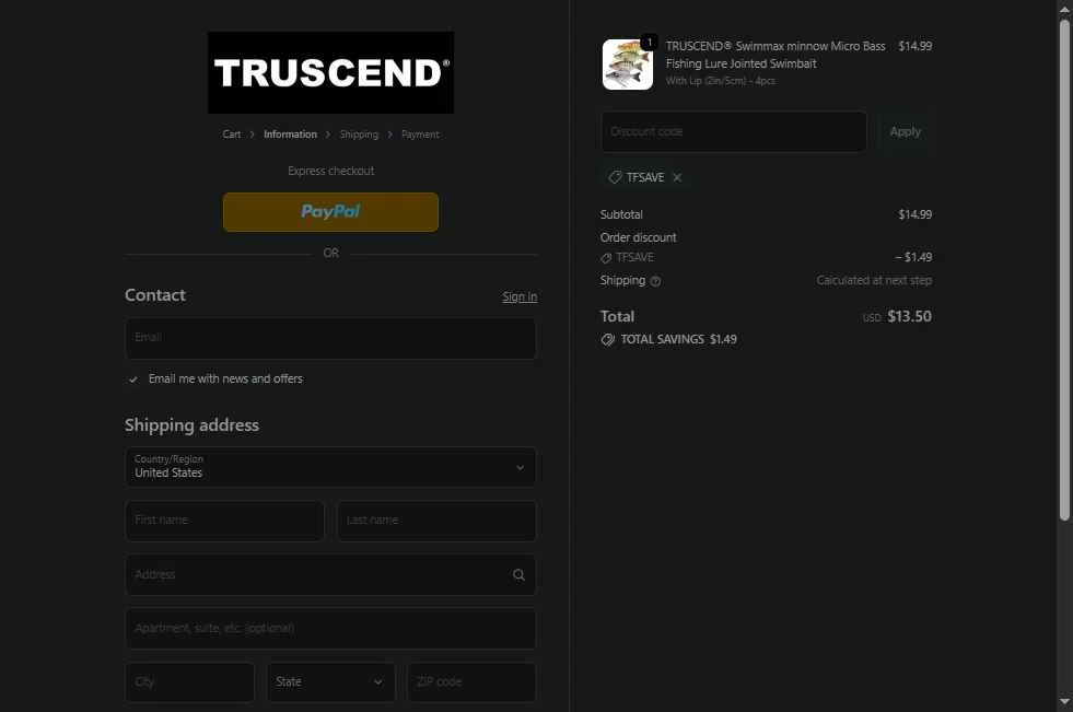 Truscend Fishing checkout page showing Truscend Fishing promo code box | Screenshot taken by SimplyCodes community member on Feb 20, 2026