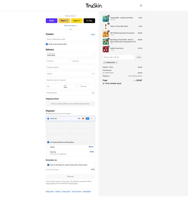 TruSkin checkout page showing TruSkin promo code box | Screenshot taken by SimplyCodes community member on Sep 14, 2025
