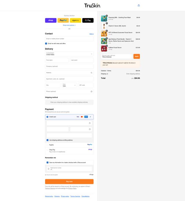 TruSkin checkout page showing TruSkin promo code box | Screenshot taken by SimplyCodes community member on Sep 14, 2025