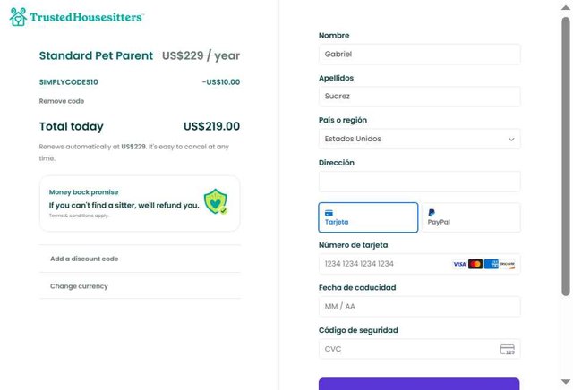 Trusted Housesitters checkout page showing Trusted Housesitters discount code box | Screenshot taken by SimplyCodes community member on Aug 17, 2025
