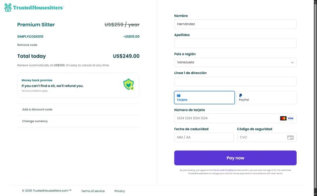 Trusted Housesitters checkout page showing Trusted Housesitters discount code box | Screenshot taken by SimplyCodes community member on Jul 22, 2025