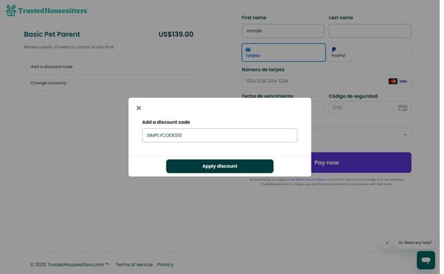 Trusted Housesitters checkout page showing Trusted Housesitters discount code box | Screenshot taken by SimplyCodes community member on May 20, 2025