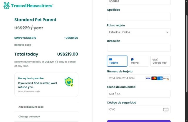 Trusted Housesitters checkout page showing Trusted Housesitters discount code box | Screenshot taken by SimplyCodes community member on Jul 22, 2025