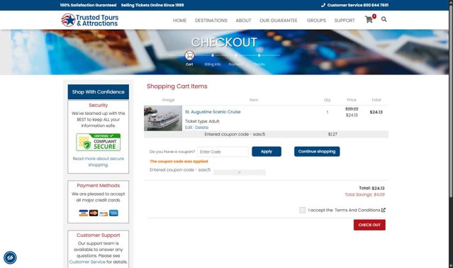 Trusted Tours and Attractions checkout page showing Trusted Tours and Attractions coupon code box | Screenshot taken by SimplyCodes community member on Aug 14, 2025