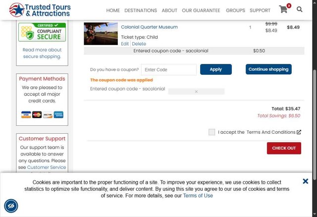 Trusted Tours and Attractions checkout page showing Trusted Tours and Attractions coupon code box | Screenshot taken by SimplyCodes community member on Jul 15, 2025