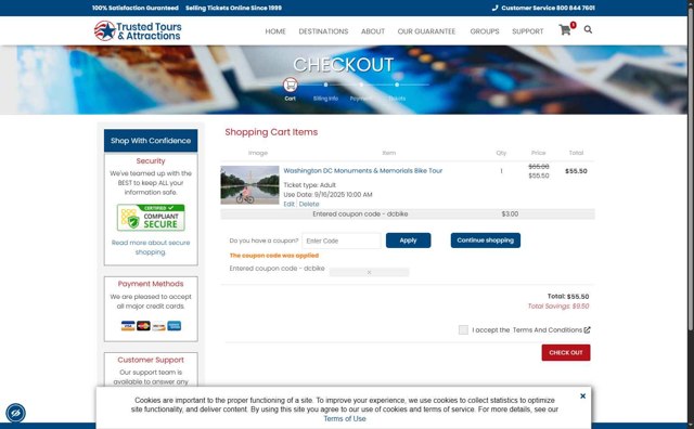 Trusted Tours and Attractions checkout page showing Trusted Tours and Attractions coupon code box | Screenshot taken by SimplyCodes community member on Aug 1, 2025