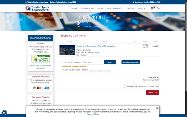 Trusted Tours and Attractions checkout page showing Trusted Tours and Attractions coupon code box | Screenshot taken by SimplyCodes community member on Aug 21, 2025