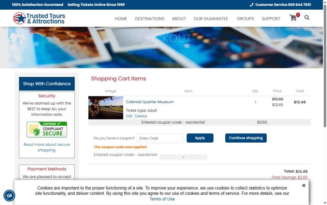 Trusted Tours and Attractions checkout page showing Trusted Tours and Attractions coupon code box | Screenshot taken by SimplyCodes community member on Jul 15, 2025
