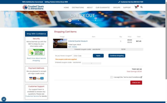 Trusted Tours and Attractions checkout page showing Trusted Tours and Attractions coupon code box | Screenshot taken by SimplyCodes community member on Jul 15, 2025