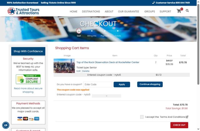 Trusted Tours and Attractions checkout page showing Trusted Tours and Attractions coupon code box | Screenshot taken by SimplyCodes community member on Aug 14, 2025