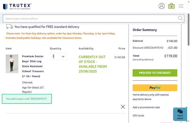 Trutex checkout page showing Trutex promo code box | Screenshot taken by SimplyCodes community member on Aug 18, 2025