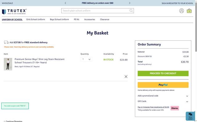 Trutex checkout page showing Trutex promo code box | Screenshot taken by SimplyCodes community member on Aug 19, 2025
