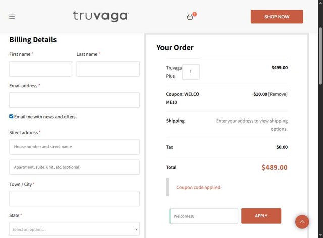 Truvaga checkout page showing Truvaga coupon code box | Screenshot taken by SimplyCodes community member on Sep 4, 2025