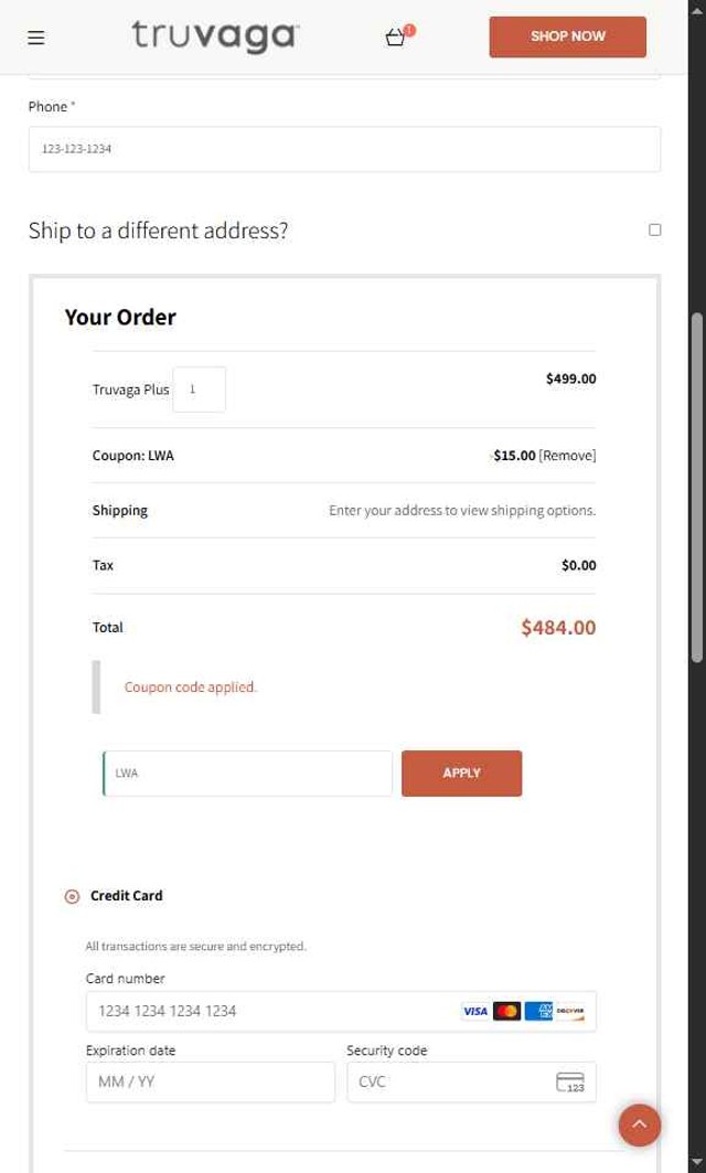 Truvaga checkout page showing Truvaga coupon code box | Screenshot taken by SimplyCodes community member on Aug 22, 2025