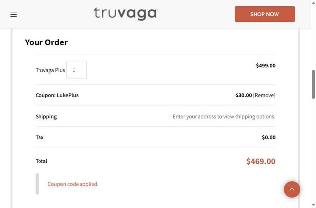 Truvaga checkout page showing Truvaga coupon code box | Screenshot taken by SimplyCodes community member on Jul 14, 2025