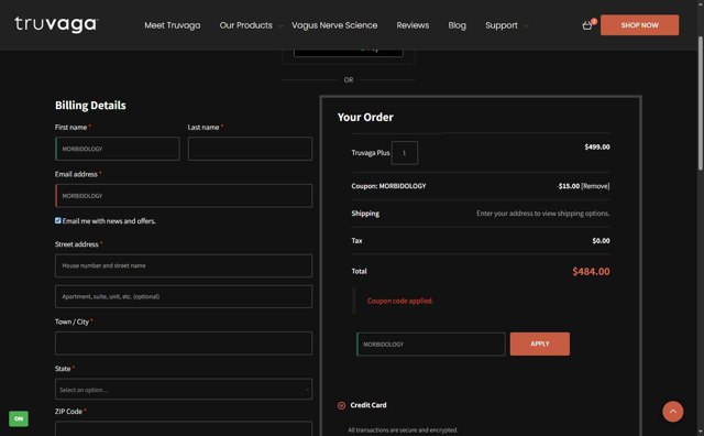 Truvaga checkout page showing Truvaga coupon code box | Screenshot taken by SimplyCodes community member on Aug 6, 2025