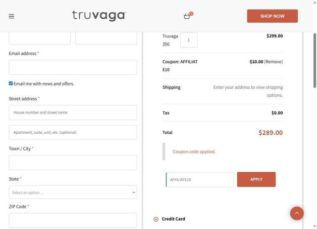 Truvaga checkout page showing Truvaga coupon code box | Screenshot taken by SimplyCodes community member on Sep 4, 2025