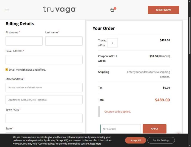 Truvaga checkout page showing Truvaga coupon code box | Screenshot taken by SimplyCodes community member on Sep 4, 2025