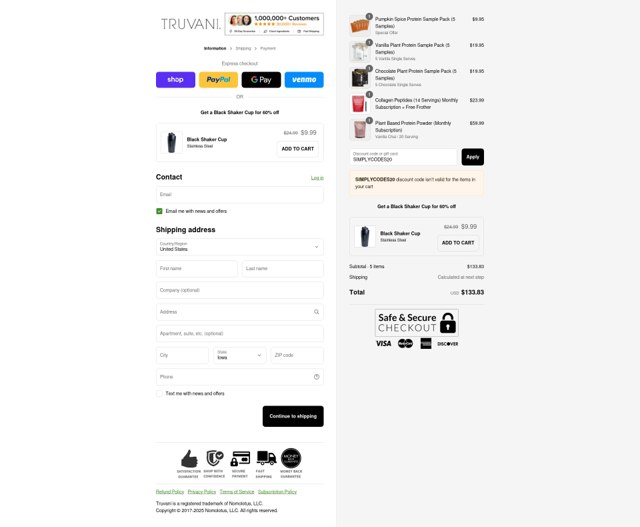 Truvani checkout page showing Truvani discount code box | Screenshot taken by SimplyCodes community member on Sep 5, 2025