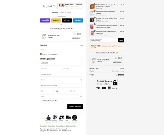 Truvani checkout page showing Truvani discount code box | Screenshot taken by SimplyCodes community member on Aug 26, 2025