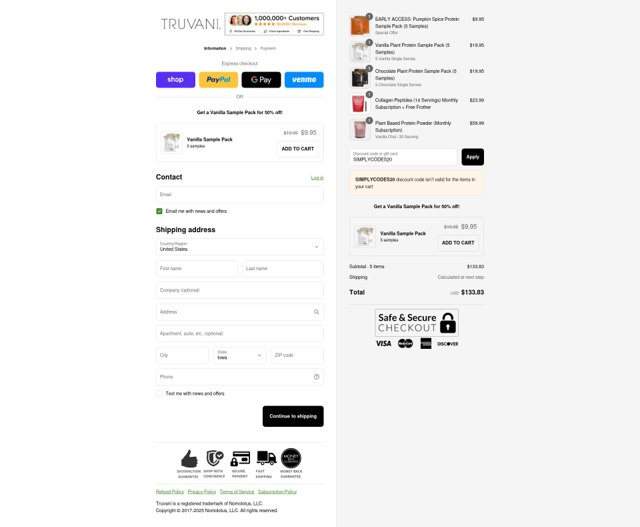 Truvani checkout page showing Truvani discount code box | Screenshot taken by SimplyCodes community member on Aug 29, 2025