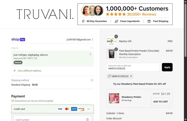 Truvani checkout page showing Truvani discount code box | Screenshot taken by SimplyCodes community member on Aug 19, 2025