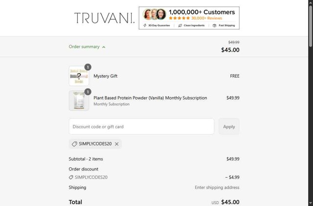 Truvani checkout page showing Truvani discount code box | Screenshot taken by SimplyCodes community member on Aug 29, 2025