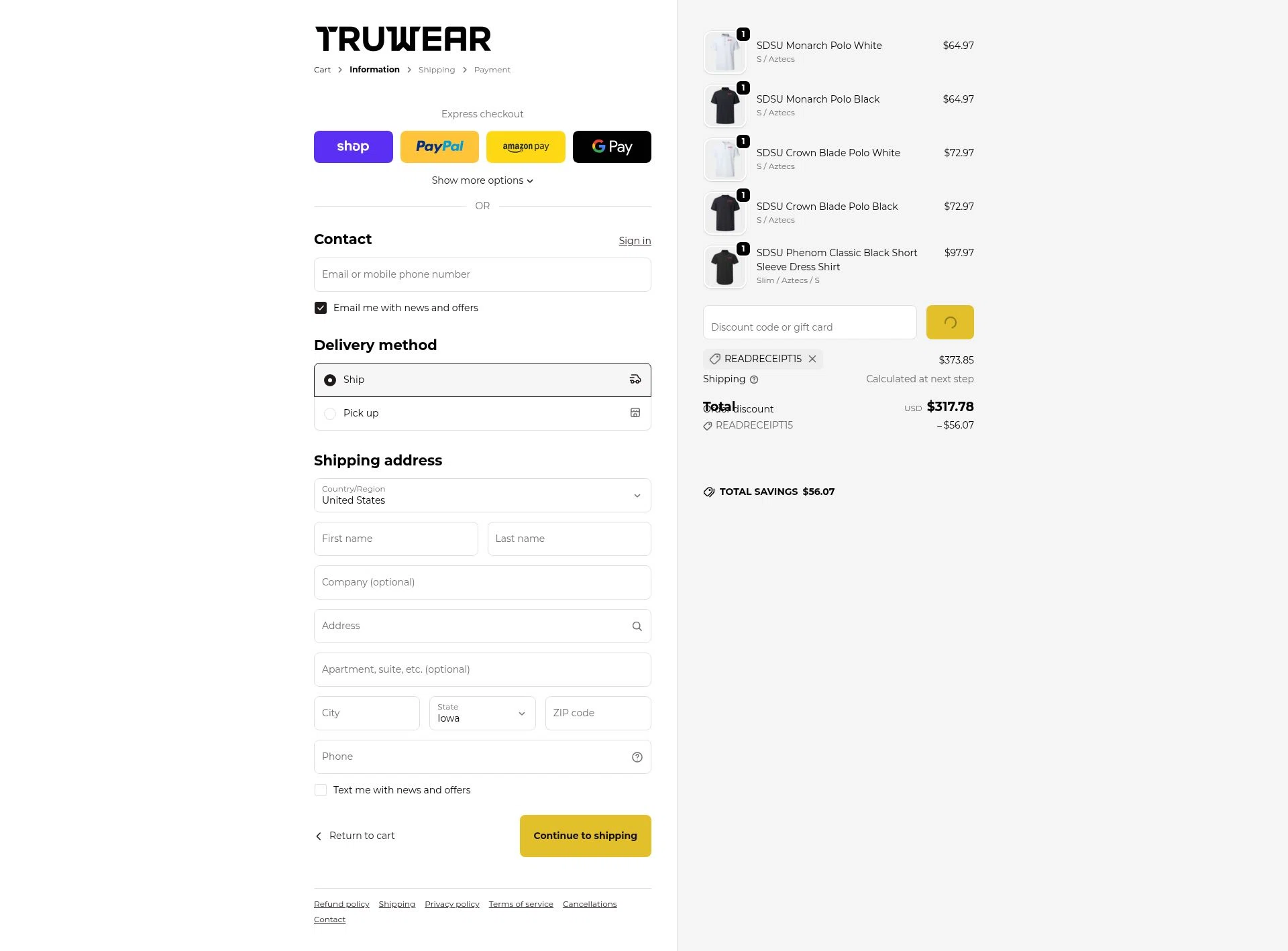 Truwear checkout page showing Truwear discount code box | Screenshot taken by SimplyCodes community member on Feb 9, 2026