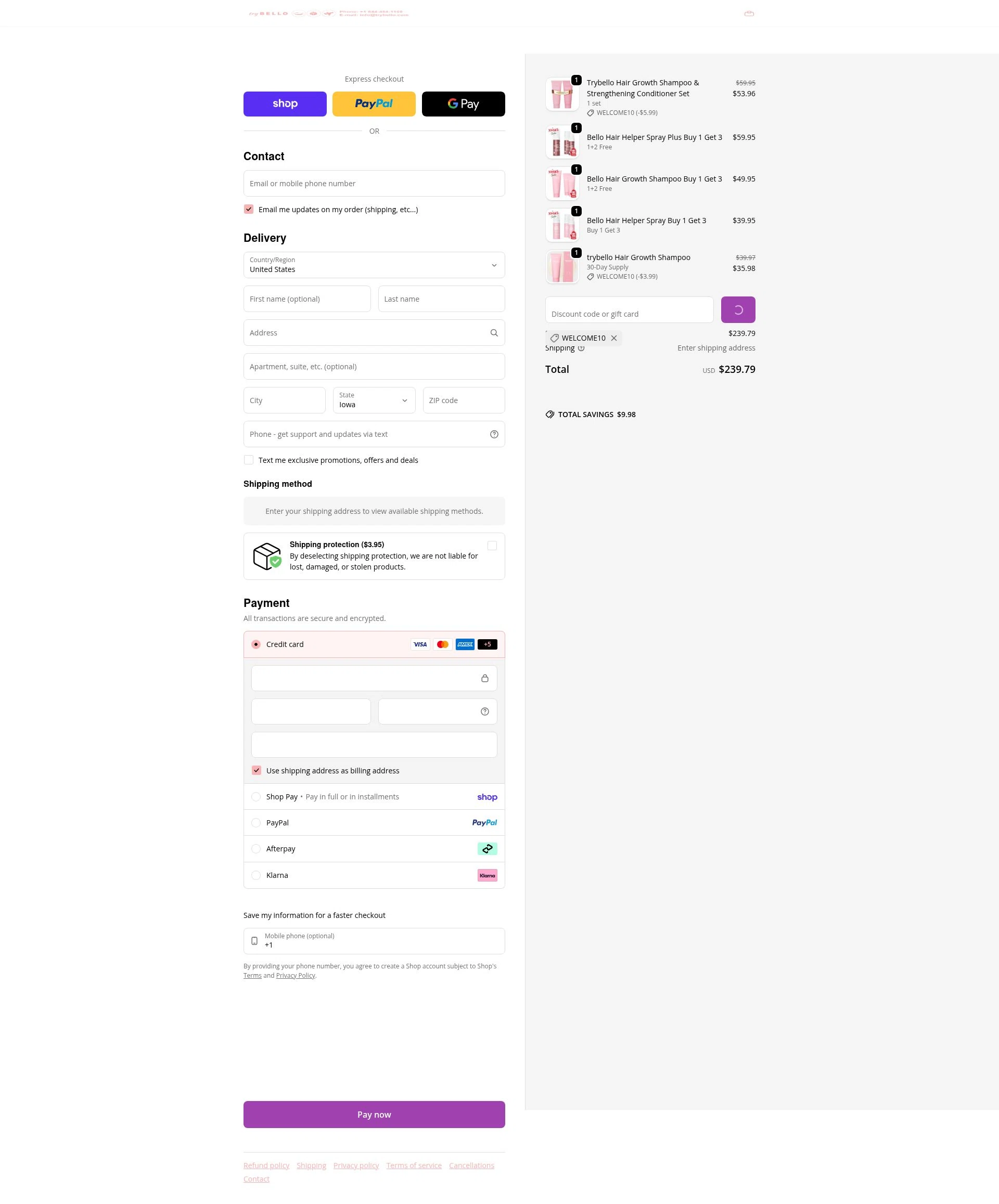 Trybello checkout page showing Trybello discount code box | Screenshot taken by SimplyCodes community member on Feb 13, 2026