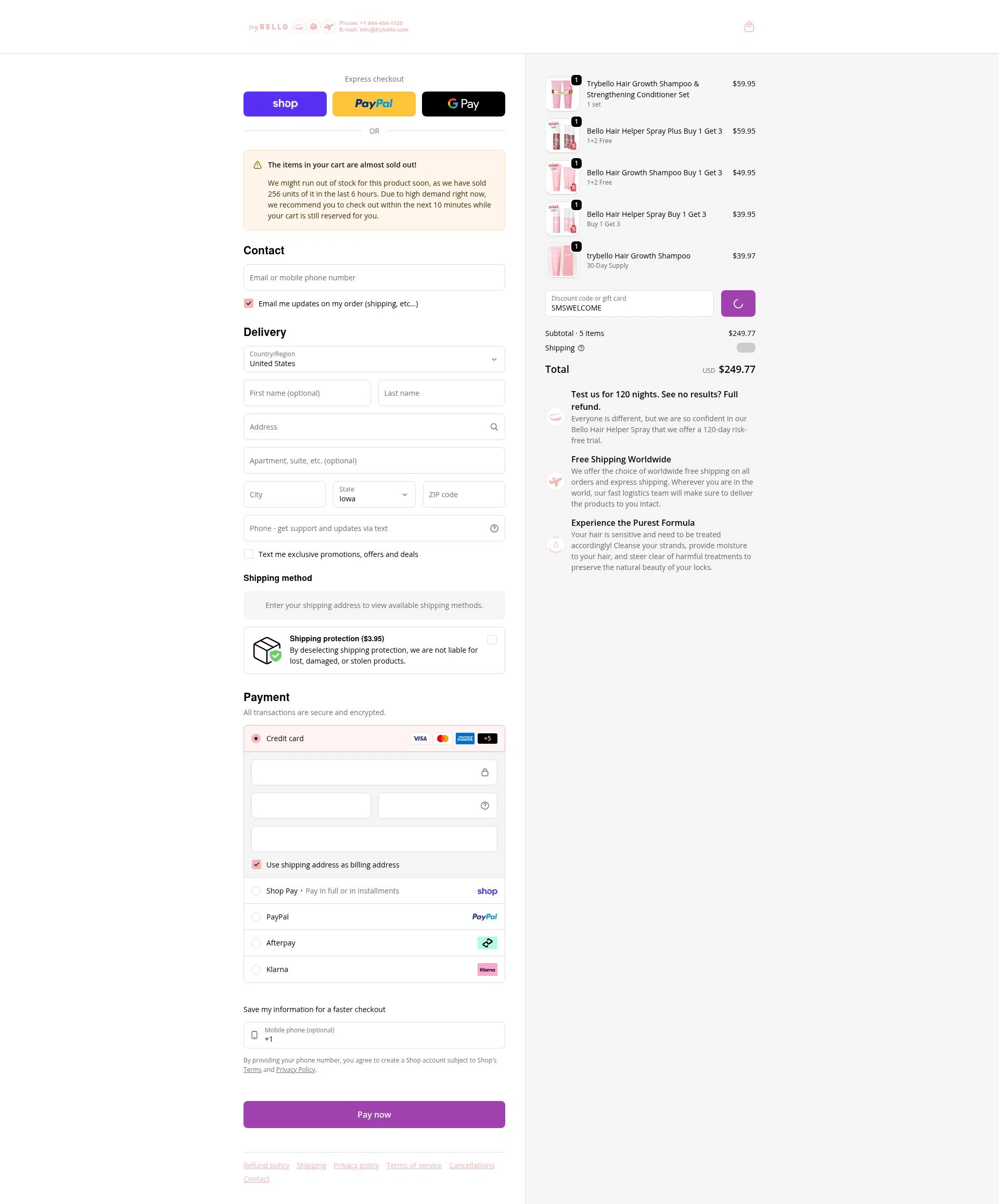 Trybello checkout page showing Trybello discount code box | Screenshot taken by SimplyCodes community member on Feb 13, 2026