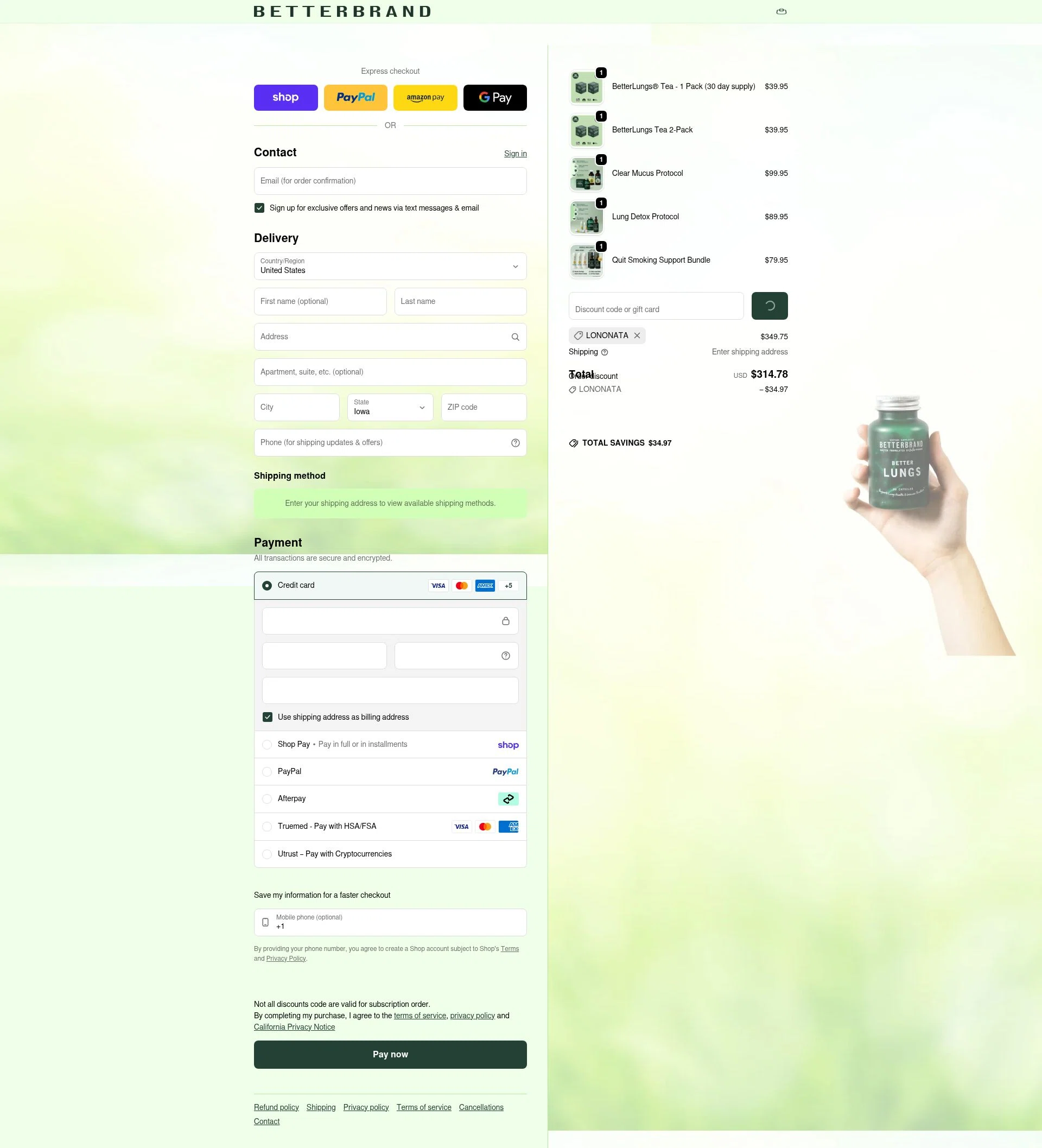 Betterbrand checkout page showing Betterbrand discount code box | Screenshot taken by SimplyCodes community member on Feb 10, 2026